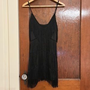Short Thin Strap Flapper Dress with Tassels - Black
